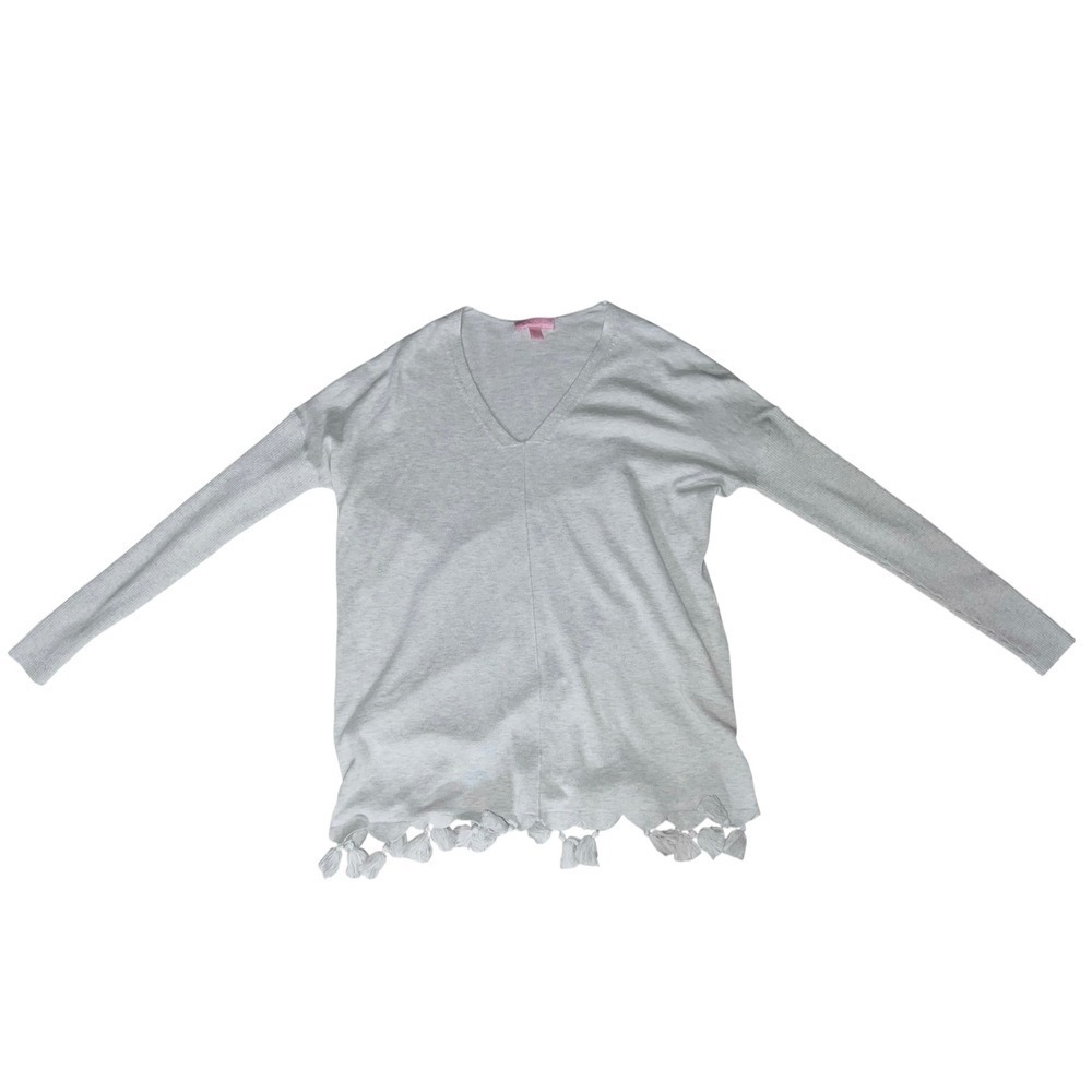 Lilly Pulitzer Gray Tassel Ruffle V-Neck Blouse Sz XXS | Long Sleeve Preppy Top